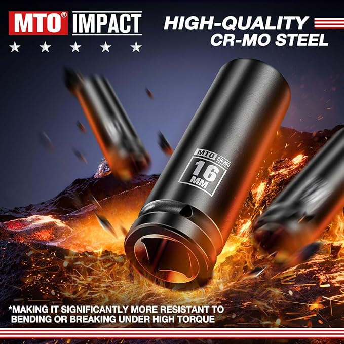 MTO 1/2" Drive 16mm Deep Impact Socket, 6 Pt. Metric Socket, CR-MO Steel & Anti-Corrosion Coating for Heavy-Duty Use