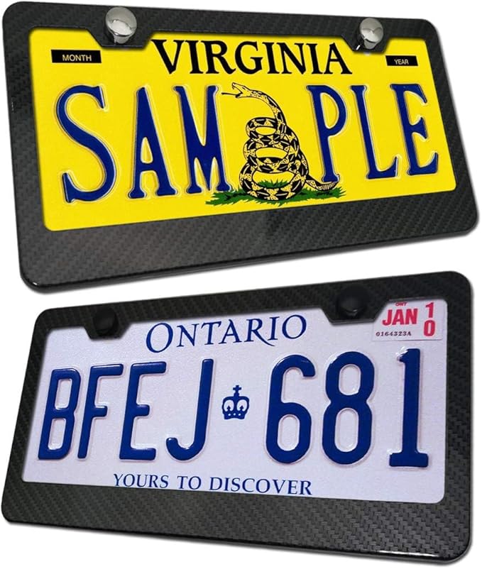 BGGTMO License Plate Frame Carbon Fiber- Black Aluminum Car Tag Frame Holder Printed Carbon Pattern with Rust Proof License Plate Screws and Black & Chrome Caps