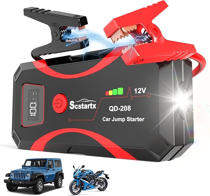 208 Car Battery Jump Starter, Portable Power Battery Pack 2000A Peak 12V Jump Box for Motorcycle Up to 7L Gas & 4L Diesel 3 Modes Flashlight and Safety Jumper Clamps