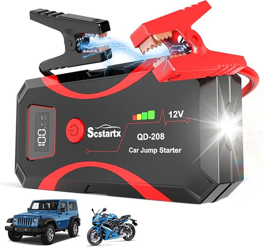 208 Car Battery Jump Starter, Portable Power Battery Pack 2000A Peak 12V Jump Box for Motorcycle Up to 7L Gas & 4L Diesel 3 Modes Flashlight and Safety Jumper Clamps
