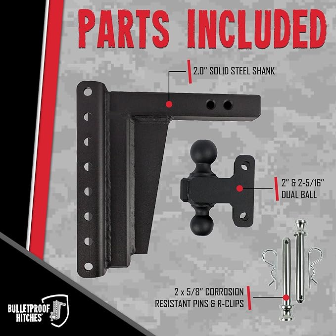 BulletProof Hitches - 2.0" Adjustable Extreme Duty Trailer Hitch (30,000 lb. Rating) - 10" Drop/Rise with 2" and 2 5/16" Dual Ball - Powder Coat, Solid Steel, Corrosion-Resistant