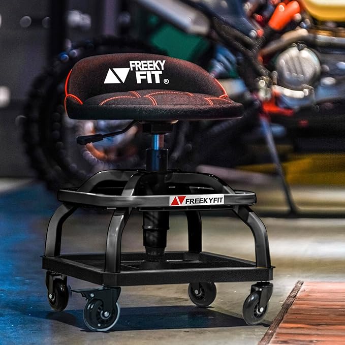 Rolling Shop Stool with Wheels, Garage Work Mechanic Stool with Backrest, Roller Mechanic Chair, Adjustable Height, 360° Swivel, Tool Tray Storage, 330 LBS Capacity, Heavy Duty, Black