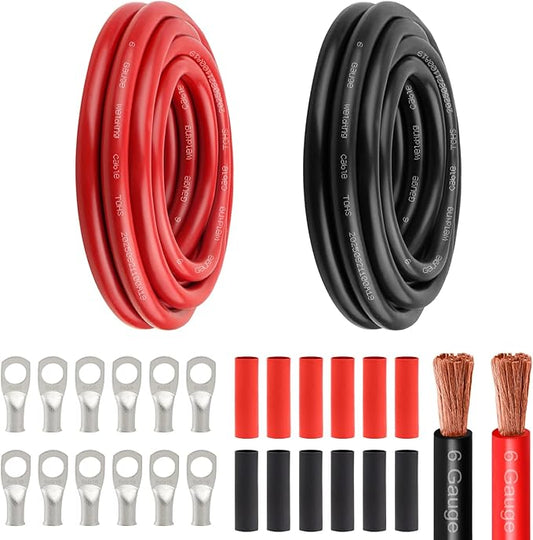 6 Awg Battery Power Cable -10FT Red + 10FT Black 6 Gauge Flexible Welding Cable OFC Copper Wire with Lugs Terminal Connectors and Heat Shrink Tube for Automotive, Battery, Inverter,Boat and Generator