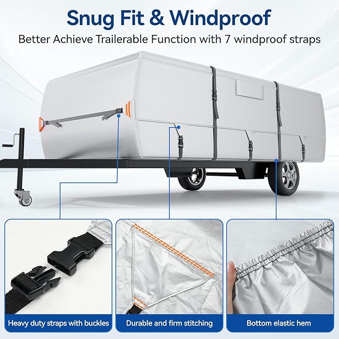 Oxford Fabric Pop Up Folding Camper Cover 10'-12' Super Waterproof Tear-Resistant Anti-UV Tent Trailer Cover for Winter Snow with Reinforced Corners, 5+2 Windproof Straps, Storage Bag
