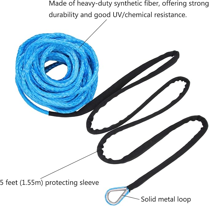Ucreative 3/16 Inch x 50 Feet Synthetic Winch Line Cable Rope 8,350LBs with Black Protecing Sleeve for ATV UTV (Blue)