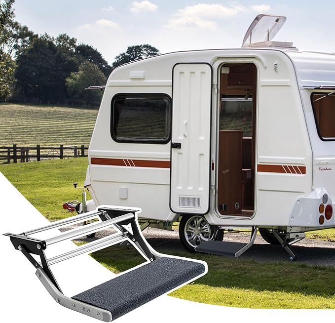 RV Step with Rug, Foldable RV Camper Stair with Ultra Wide Aluminum Step Pedals and Step Rug, Easy to Install and Use, Manual