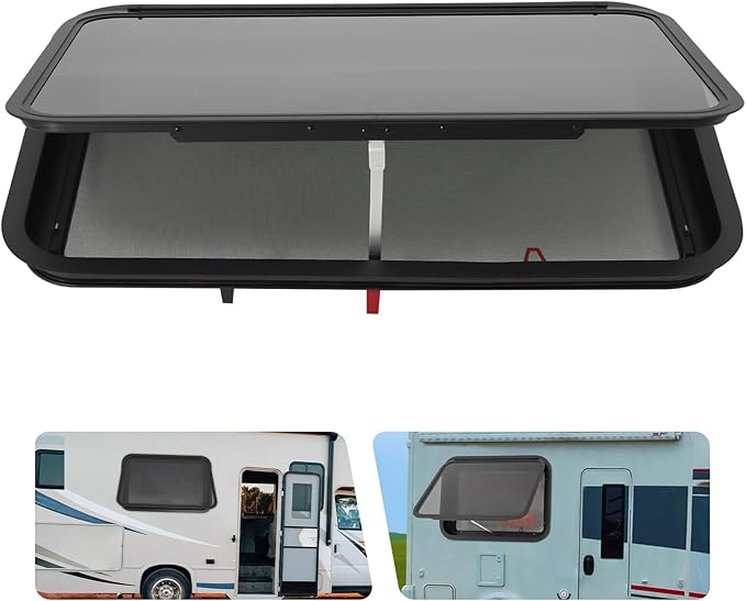 RV Exit Window, 36" W x 22" H Aluminum Camper RV Push Side Emergency Window Replacement Tempered Glass W/Trim Ring & Net Screen for Cargo Trailer Camper Van Truck