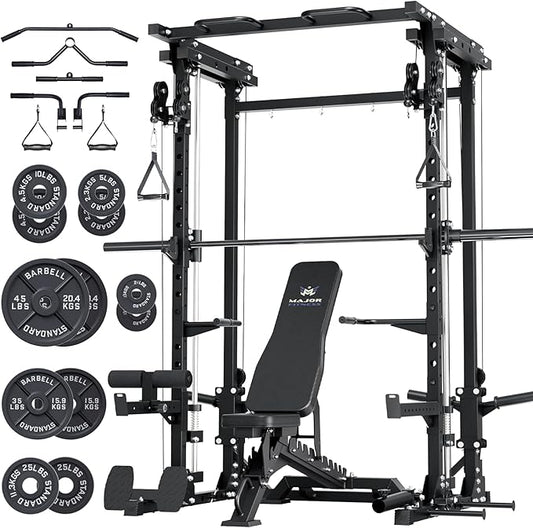 Major Fitness Drone3 Smith Machine – All-in-One Home Gym Squat Rack with Weight Bar, Cable Crossover Machine – Heavy-Duty Fitness Equipment for Strength Training and Full-Body Workouts