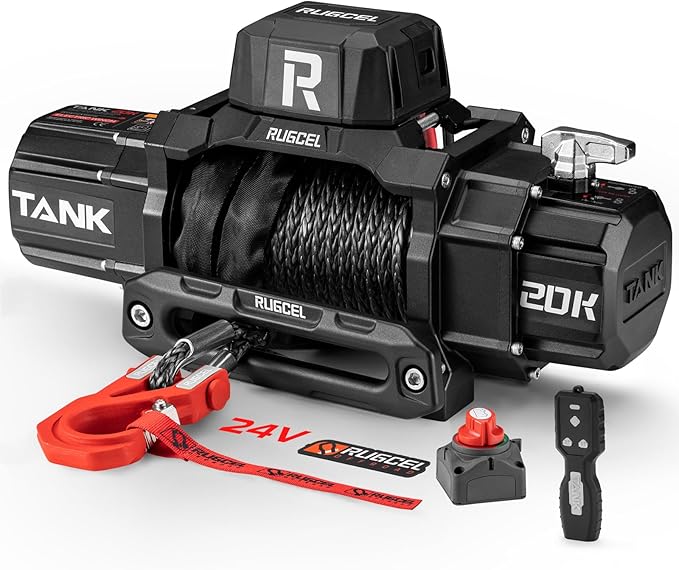 RUGCEL WINCH 20000lb 24V Extreme Duty Truck Winch, Waterproof Electric Synthetic Rope, Black Rope, for Truck,Van, 2 in 1 Wireless Remote Control, Tank Series.