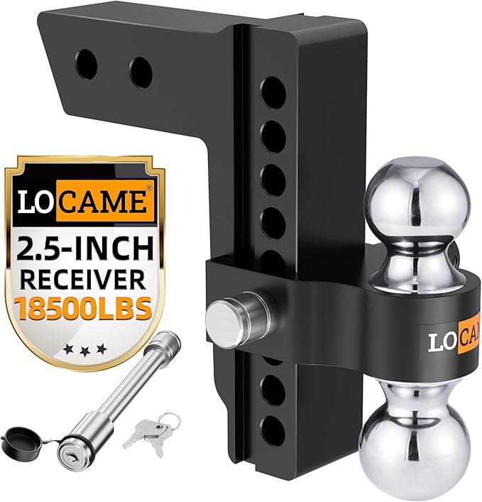 LOCAME Adjustable Trailer Hitch, Fits 2.5-Inch Receiver Only, 8-Inch Drop Aluminum Drop Hitch,18,500 LBS GTW-Tow Hitch for Heavy Duty Truck with Double Stainless Steel Locks, Black, LC0019