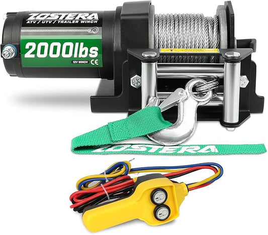 2000lb Winch for ATV, with Steel Cable,ATV Winch with Wired Manual Remote Control Switch,IP65 Waterproof,with Mounting Plate,with Roller Fairlead&Hook