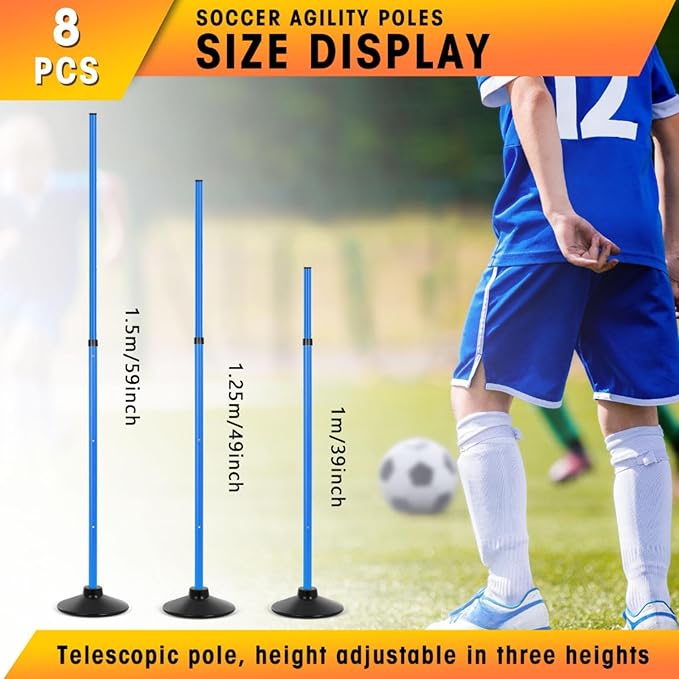 8 Pcs Soccer Agility Poles Detachable Sports Training Speed Slalom Poles with Rubber Base Coaching Sticks for Soccer Drills and Training