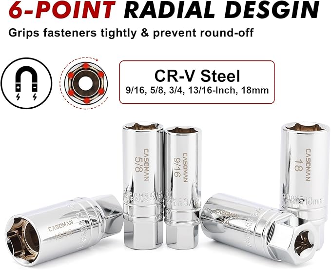 CASOMAN 10PCS 3/8"Drive Magnetic Spark Plug Socket Set, 6PT&12PT, Include Extension Bar, Universal Joint & Spark Plug Gapper, CR-V Steel