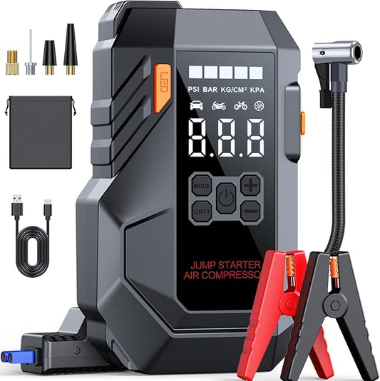 Jump Starter with Air Compressor, 6000A 160PSI Portable Car Battery Jump Starter (All Gas/12L Diesel), 12V Jump Box Car Battery Jump Starter Portable with Smart Jumper Cables, LED Light, LCD Display