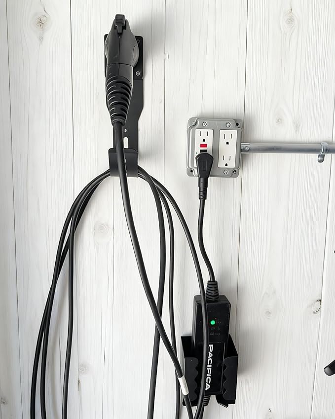 EV Charger Holder Wall Mount Kit, Ev Charging Cable Holder, EV Cable Box Organizer&J-Hook Electric Car Plug Nozzle Holster for SAE J1772 Connector(Indoor/Outdoor Use)