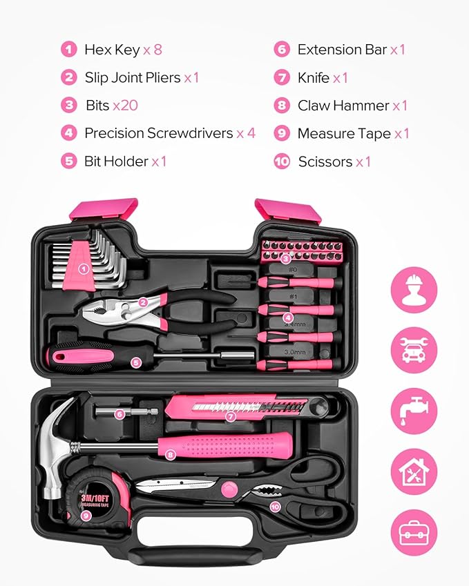 39pcs Pink Household Tool Set, Essential Hand Tool Kit with Plastic Toolbox for Home Repairs, DIY & Crafts, Perfect for Students & Everyday Use