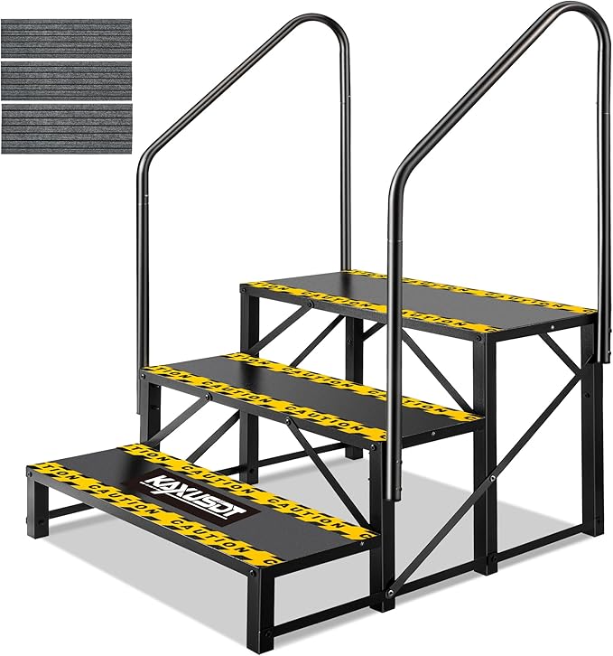 3 Steps Hot Tub RV Steps with Dual Handrail, 𝟐𝟎𝟐𝟓 𝐔𝐩𝐠𝐫𝐚𝐝𝐞𝐝 Portable Mobile Home Stairs Steps with Reinforced Crossbeams on Both Sides, 660lbs, Outdoor RV Camper Entry Steps w/Non-Slip Mats