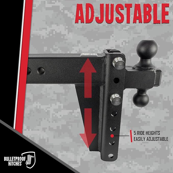 BulletProof Hitches - 3.0" Adjustable Heavy Duty Trailer Hitch (22,000 lb. Rating) - 8" Drop/Rise Trailer Hitch with 2" & 2-5/16" Dual Ball - Powder Coat, Solid Steel, Corrosion-Resistant