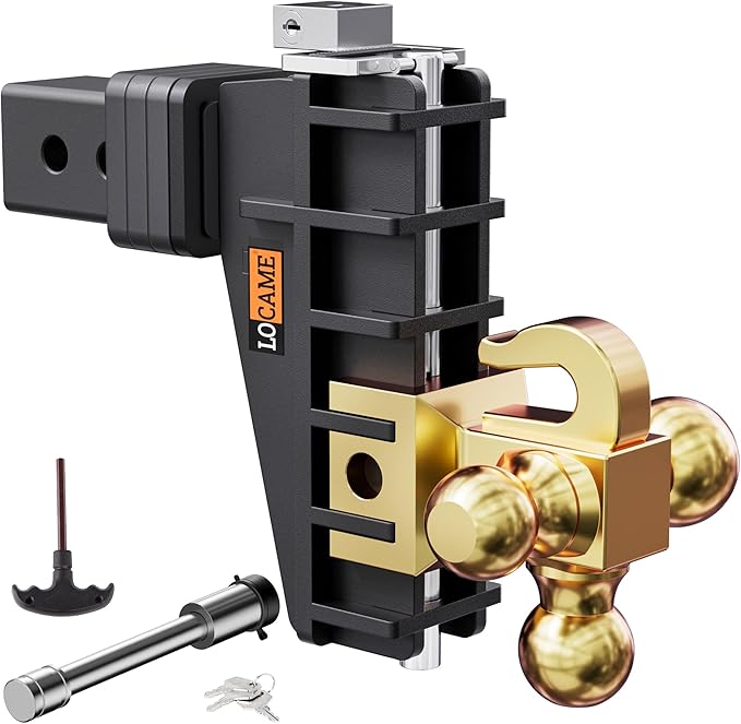 LOCAME Adjustable Trailer Hitch with Hook, Tri-Ball (1-7/8", 2", 2-5/16") Drop Hitch, Fits 2.5 Inch Receiver, 6" Drop Down Hitch, 18,500 LBS Heavy Duty Truck, Solid Ball Mount, Gold, LC0085