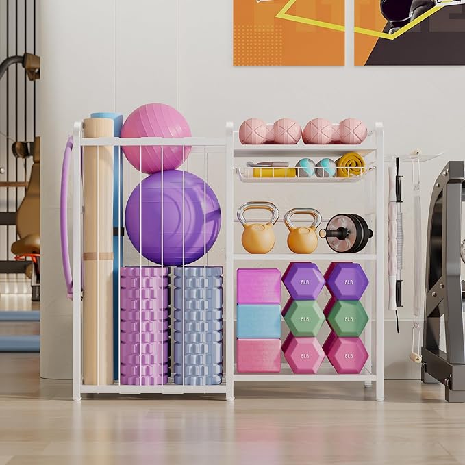 Home Gym Storage Rack - Exercise Equipment Storage Organizer for Yoga Mat Dumbbells Kettlebells Foam Roller & Resistance Bands, Ideal Yoga Mat Holder & Workout Equipment Organizer(White)