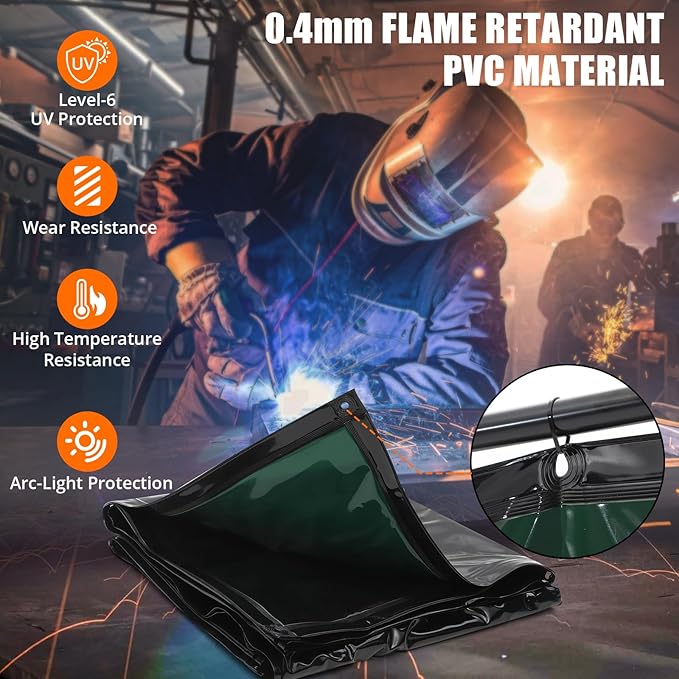 3 Panel 6x6 FT Vinyl Welding Screen with Frame, Flame-Resistant PVC Welding Curtain with Lockable Swivel Wheels, Transparent Welding Screen Panel for Welding Safety, Green