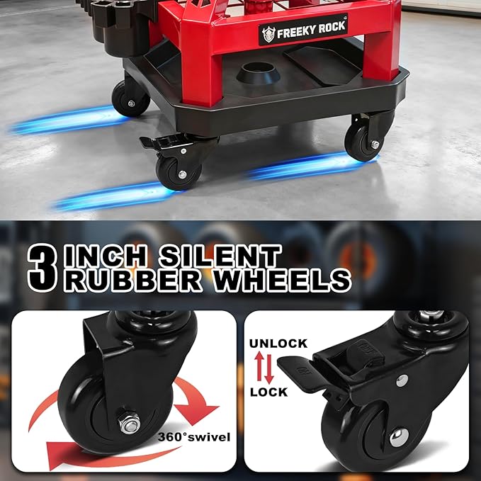 Rolling Shop Stool with Wheels, Heavy Duty Garage Work Mechanic Stool with Backrest, Adjustable Height 360°Swivel Rolling Chair with Tool Tray Storage, 330 LBS Capacity, Red