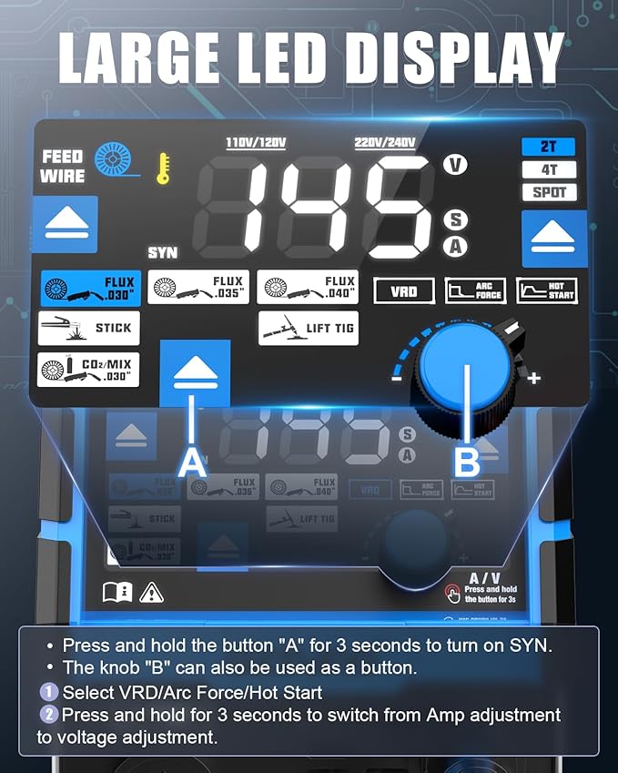 AZZUNO MIG Welder 145A, 110V/220V Dual Voltage 4 in 1 Gas/Gasless Flux Core MIG Welder/Lift TIG/Stick Welding Machine, Wire Feed Welder with Synergic Control