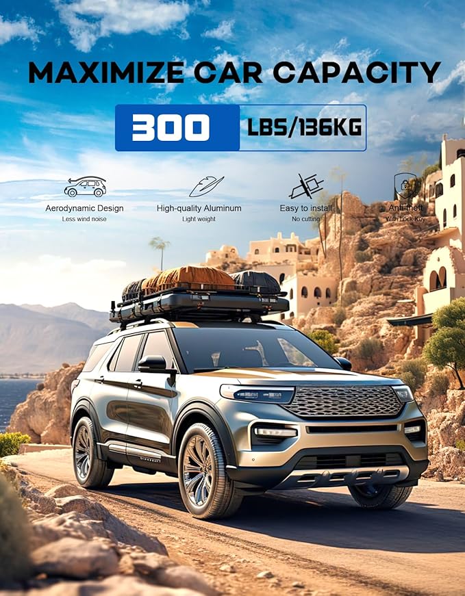 300lbs Lockable Roof Rack Cross Bars Compatible with Ford Explorer 2020 2021 2022 2023 2024 2025 2026,Heavy Duty Aluminum Roof Rails Crossbars Black Rooftop Cargo Carrier Luggage