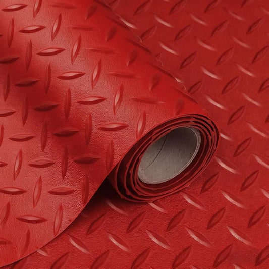 Boshen 5x12FT Garage Floor Mat, 2.5mm Thickened Diamond Plate PVC Rubber & Vinyl Flooring Roll, 60 SQFT Non-Slip Rubber Garage Mat for Floor Under Car Protection - Red