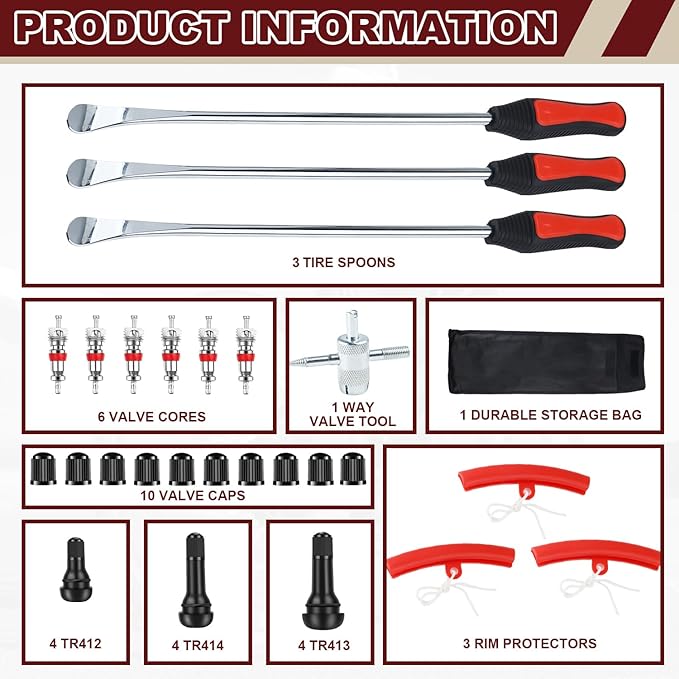 Riseuvo 15" Tire Spoon Kit, Tire Changing Kit for Motorcycle Bike Mower Tractor ATV, Tire Removal Tool Set with Rim Protectors, Valve Tool, Valve Cores, Caps, Stems(TR414 TR413 TR412), Storage Bag