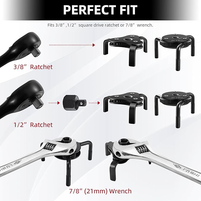 Oil Filter Wrench Adjustable, Universal Oil Filter Removal Tool, Oil Filter Change Set 2-1/2 to 4 inch & 2-3/4 to 5-1/8 inch, 1/2" Drive for Removing Motorcycles Cars Trucks