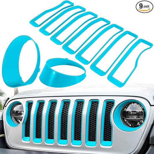 Front Grille Mesh Inserts & Headlight Cover for Jeep Wrangler JL JLU Sport & Sport S Only 2018-2023 Exterior Accessories Clip-in Grille Guard Cover Headlight Bezels Trim Ring (Light Blue 9PCS)