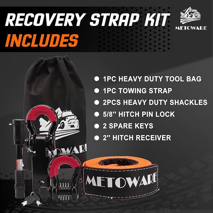METOWARE Heavy Duty Tow Strap Recovery Kit - 3" x 30ft(35,000lbs) Winch Strap + 3/4" D Ring Shackles(2pcs) +2" Shackle Hitch Receiver + 5/8 Locking Pin + Storage Bag - Truck, SUV, ATV Off Road