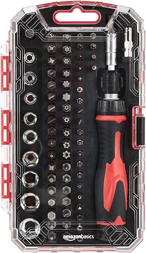 Amazon Basics Magnetic Ratcheting Wrench and Electronics Precision Screwdriver Set, 73 count (Pack of 1), Black/Red/Silver
