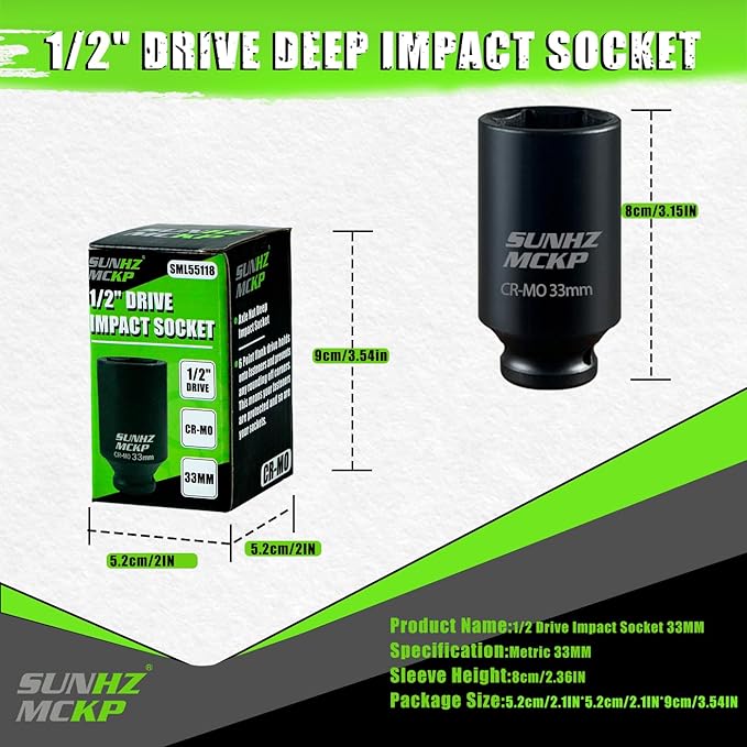 SUNHZMCKP 1/2 Inch Drive Impact Socket, Metric 33 mm Deep 6 Point Socket, CR-MO, Axle Nut Impact Grade Socket for Easy Removal
