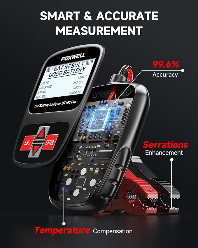 FOXWELL BT100 Pro 12V Car Battery Tester, Battery Load Tester, 100-1100CCA Automotive Alternator Tester Digital Auto Battery Analyzer for Car Truck Motorcycle SUV, Boat, RV, Marine & Pickup