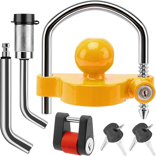 METOWARE Keyed Alike Trailer Hitch Lock Set, Fits 1-7/8", 2'' 2-5/16" Coupler, with 1/2'' and 5/8" Dia Dual Bent Pin Hitch Lock, 1/4'' Dia Span Coupler Lock, Yellow