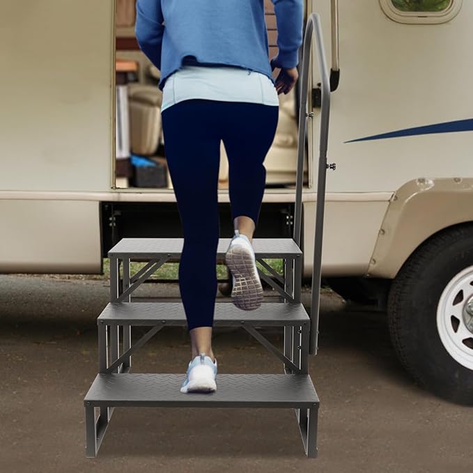 RV Steps with Handrail, 3 Steps RV Ladders with Anti-Slip Pedals, Mobile Home Stairs for Travel Trailers, Heavy Duty Camper Steps for Camper, Porch, Spa