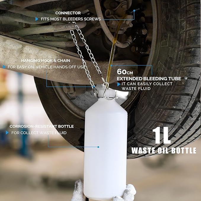 3L Manual Brake Bleeder Fluid Pump and 1L Waste Oil Bottle, One Man Professional Brake Bleeder Kit Suitable for Chrysler/Dodge/Ford/Jeep/Infinity/Mazda/Jaguar