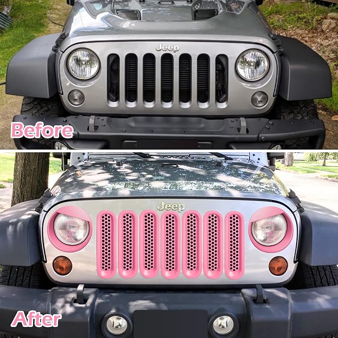 Front Grille Mesh Inserts & Headlight Cover for Jeep Wrangler JK JKU Sport Freedom Rubicon Sahara Unlimited 2007-2018 Exterior Accessories Clip-in Grille Guard Headlight Bezels Trim (Matte Pink)