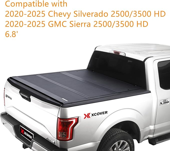 XCOVER Hard Folding Tonneau Cover, Compatible with 2020 2021 2022 2023 2024 2025 Chevy/GMC 2500/3500 6' 8" Box w/o Bedside Storage Box