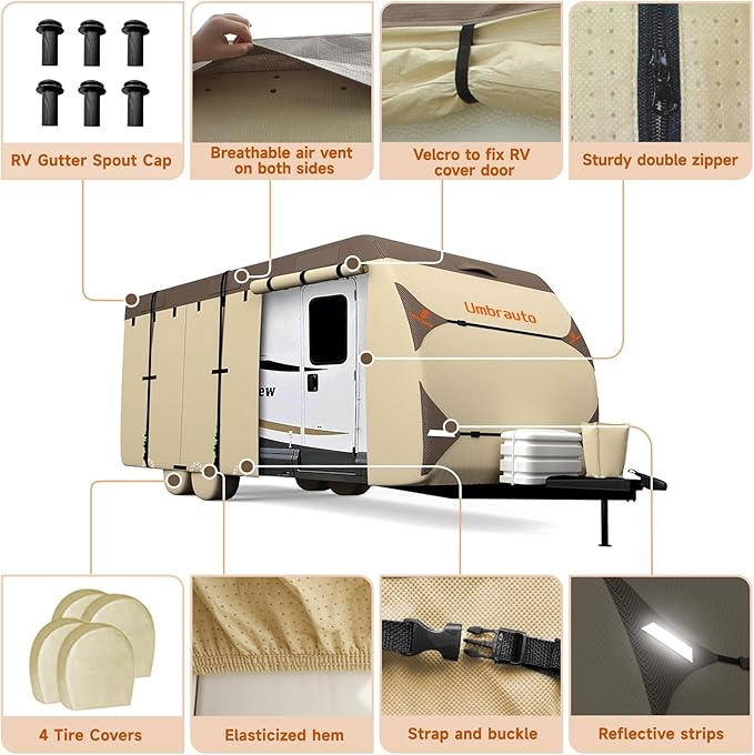 Umbrauto Travel Trailer RV Cover – Upgraded 7-Layer Top Camper Cover, Waterproof & Windproof Trailer Cover for 35'-38' RV, Includes 4 Tire Covers, Tongue Jack Cover and Gutter Cover