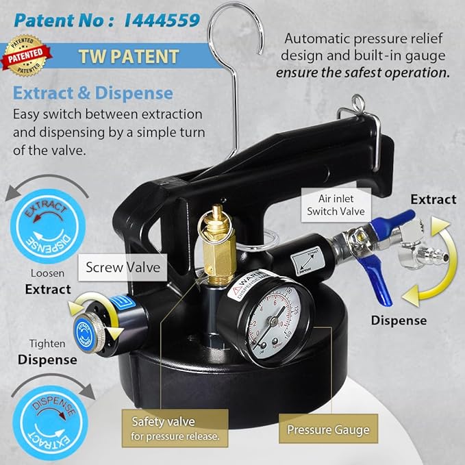 FIRSTINFO A1135QUS Patented 10 Liter 22 Pcs Taiwan-ATF Filler Adapters | Pneumatic Transmission Fluid Pump | 2 Way ATF Refill System Dispenser | Hanging Hook | 360° Z-Swivel Air Fitting