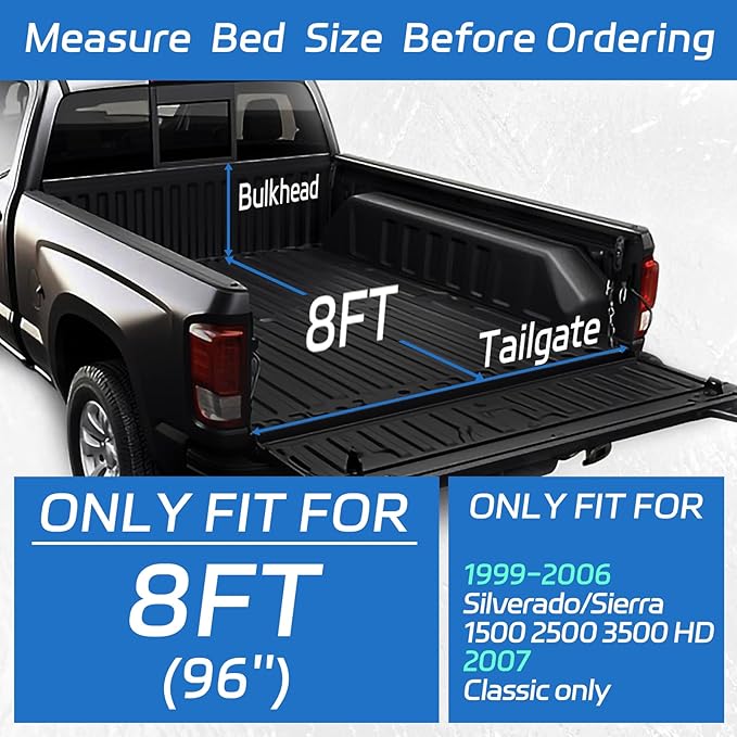 PZ Soft Roll Up Truck Bed Tonneau Cover Compatible with 1999-2006 Chevrolet Chevy Silverado GMC Sierra 1500 2500 3500 HD 8 ft Long Bed Fleetside（07 Classic Body only）