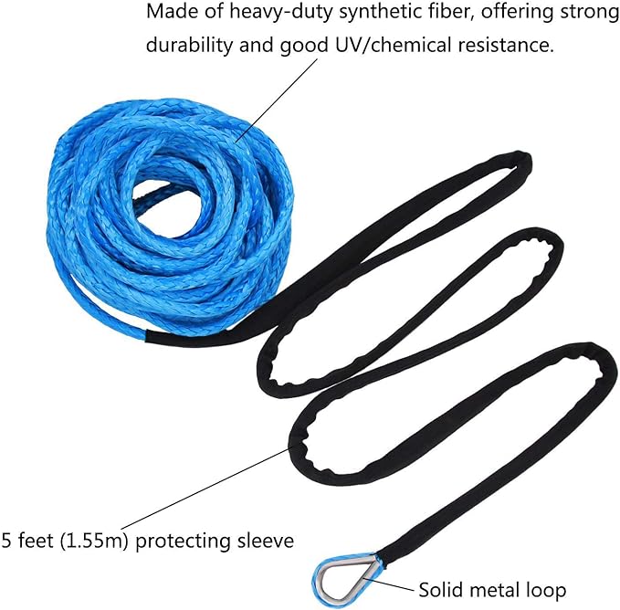 Ucreative 1/4 Inch x 50 Feet 10,000LBs Synthetic Winch Line Cable Rope with Black Protecing Sleeve for ATV UTV (Blue)