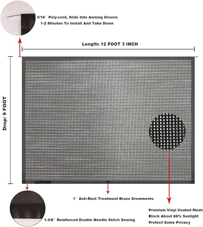 Tentproinc RV Awning Sun Shade Screen 9' X 12' 3'' (Fit for 13' Awning) Mesh Sunshade for RV Awning Sunscreen Motorhome Camping Trailer Awning Shadescreen Block UV Glare - 3 Year Warranty (Black)