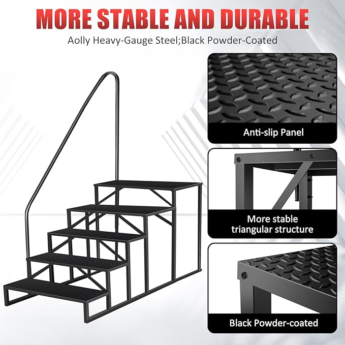 RV Steps with Handrail｜5 Step RV Steps｜Update 3.0 Outdoor Mobile Home Stairs with Anti-Slip Pedals｜RV Ladders for Travel Trailers｜Heavy Duty Camper Steps for Camper, Porch, Spa