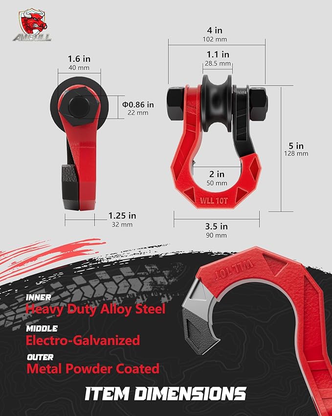 D Ring Separate Shackle with Snatch Block, 3/4" Easy Open Shackles w/Snatch Block Pulley, Heavy Duty Shackle for Towing Winch, Pulley for Off-Road Vehicle Recovery, Truck, ATV, UTV, BlackRed