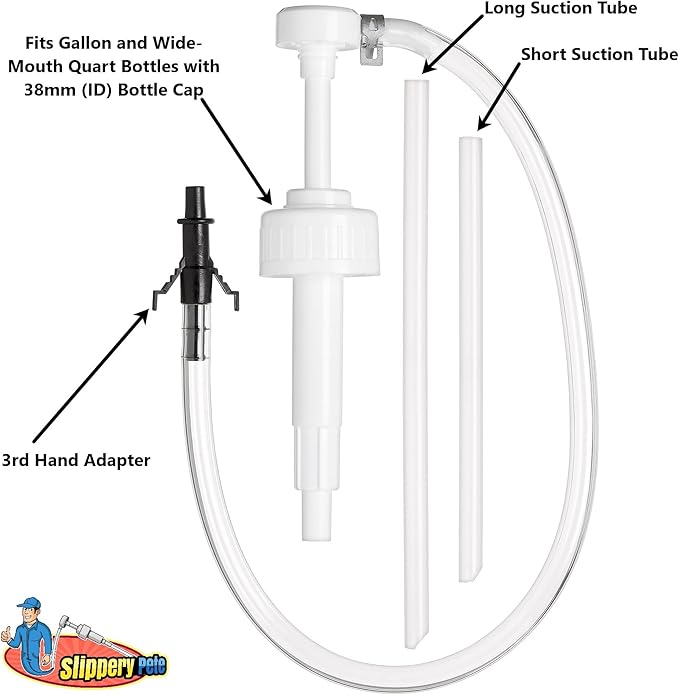 Slippery Pete - Fluid Pump for Wide-Mouth Quart Bottles - 8cc per Pump Stroke and 3rd Hand Adapter, Transfer Gear Oil, Transmission and Differential Fluid (38mm)