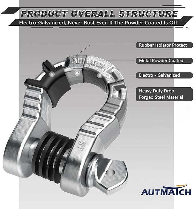 AUTMATCH D Ring Shackles 3/4" Mega Shackle (2 Pack) 68,000Ibs Break Strength - Heavy Duty Clevis Shackles with 7/8" Screw Pin and Isolator Washer for Tow Strap Winch Off Road Vehicle Recovery, Silver
